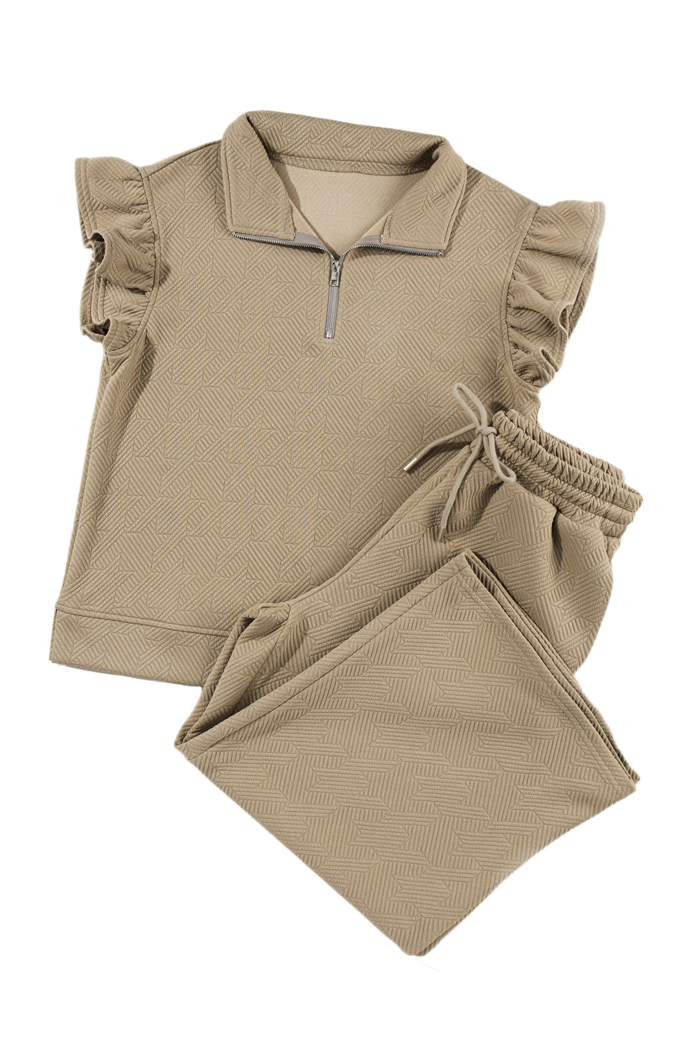 Schwarzes Set mit strukturiertem Rüschenoberteil mit Flügelärmeln und Hose mit weitem Bein