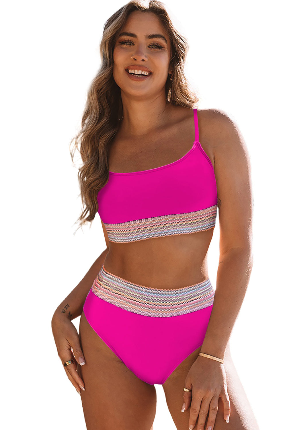 Bikini-Set mit Spaghettiträgern und hoher Taille und Patchwork-Muster in Rosa