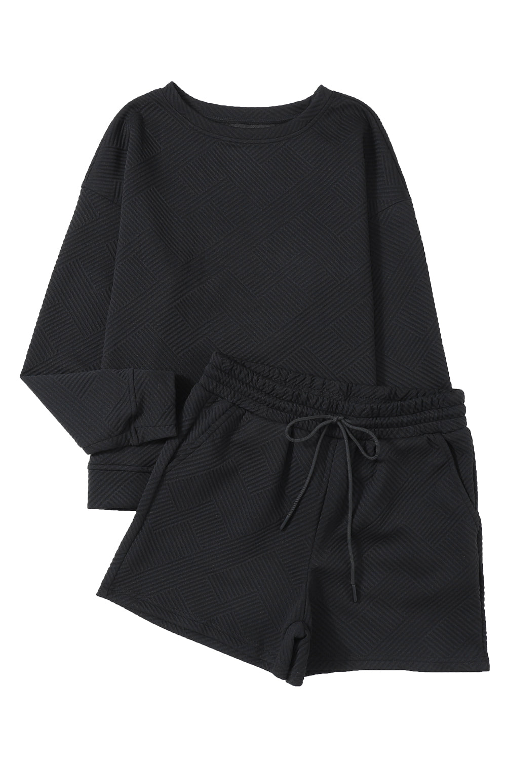 Graues Set mit langärmligem Oberteil und Shorts mit Kordelzug und Strukturmuster