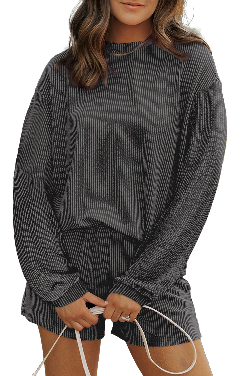 Set aus langärmligem Oberteil und Shorts mit hoher Taille in Parchment-Optik