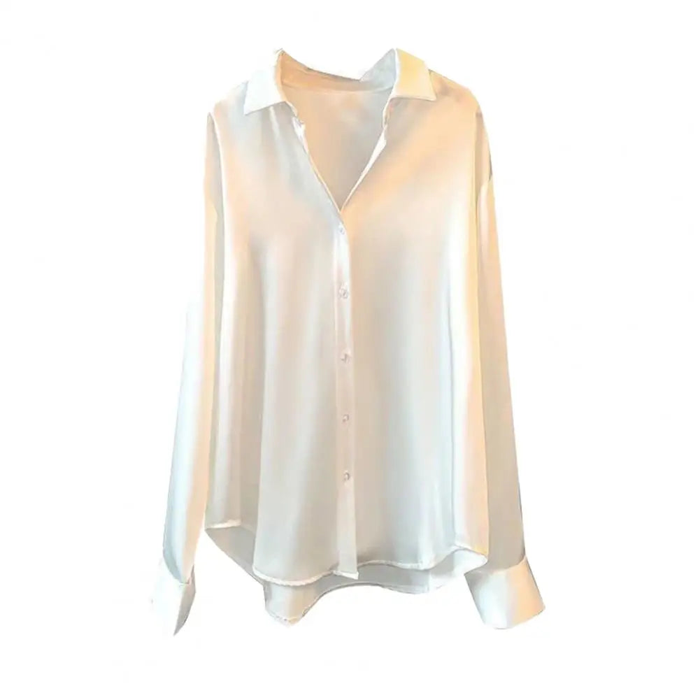 Elegantes seidiges Satin Damen Shirt mit Umlegekragen Langarm