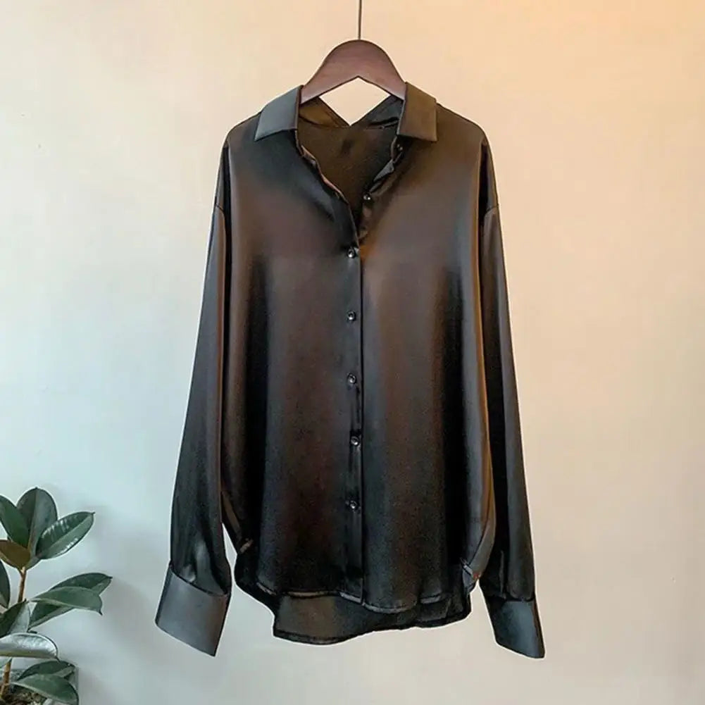 Elegantes seidiges Satin Damen Shirt mit Umlegekragen Langarm