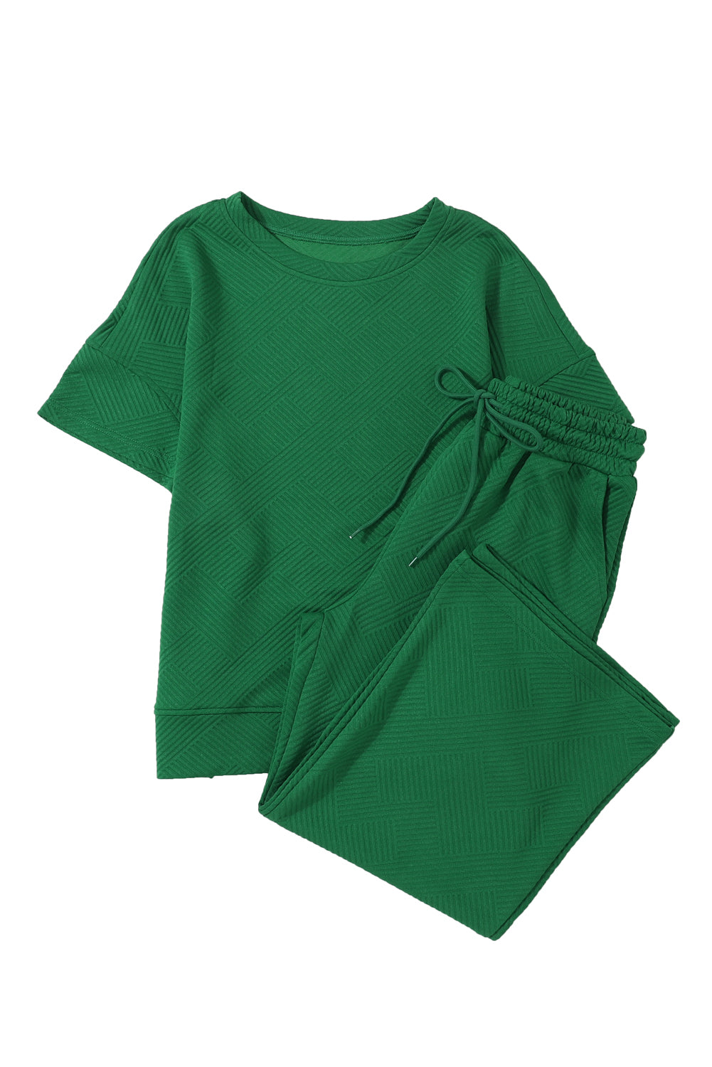 Schwarzes, strukturiertes, locker sitzendes T-Shirt und Hose mit Kordelzug