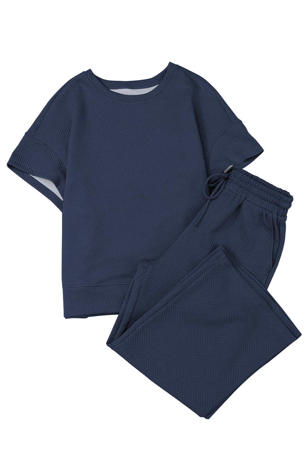 Schwarzes, strukturiertes, locker sitzendes T-Shirt und Hose mit Kordelzug