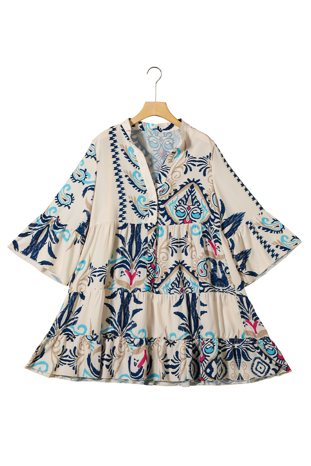 Weißes Boho-Minikleid mit Stufen und Ethno-Print