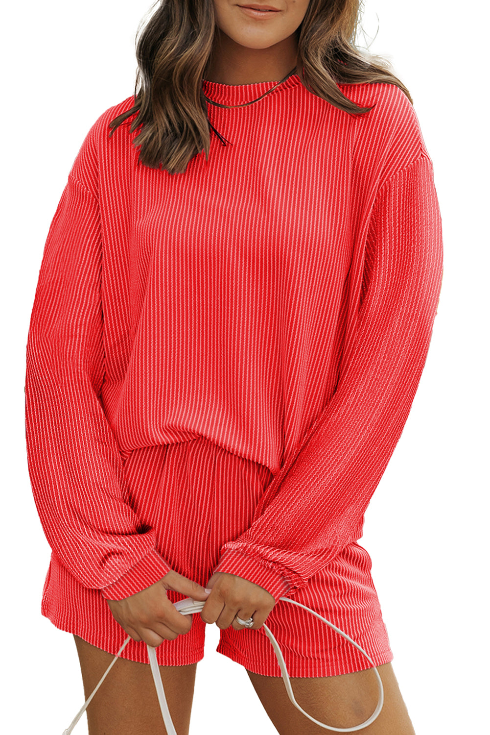 Set aus langärmligem Oberteil und Shorts mit hoher Taille in Parchment-Optik