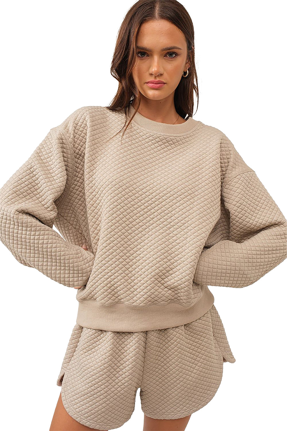Set aus Pullover und Shorts mit Rautensteppung in Pergament