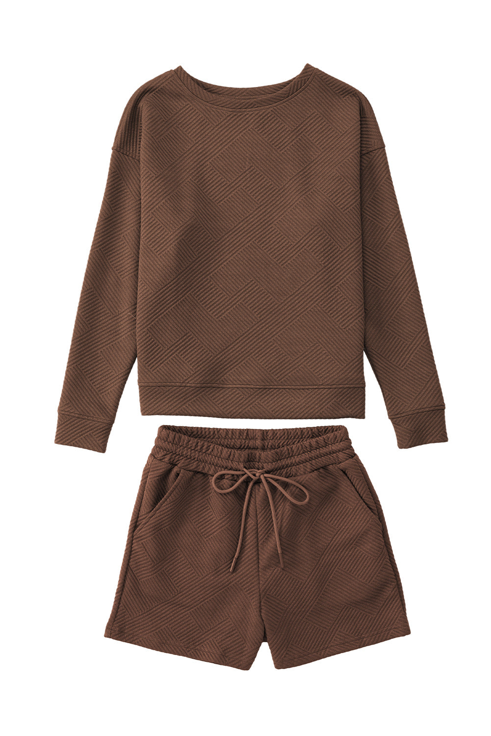 Graues Set mit langärmligem Oberteil und Shorts mit Kordelzug und Strukturmuster