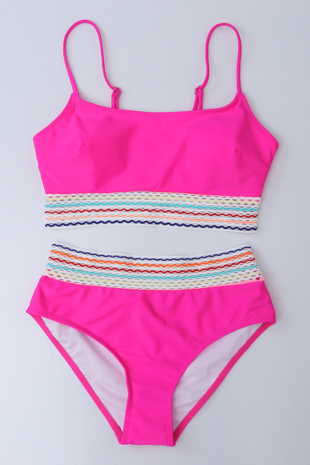 Bikini-Set mit Spaghettiträgern und hoher Taille und Patchwork-Muster in Rosa