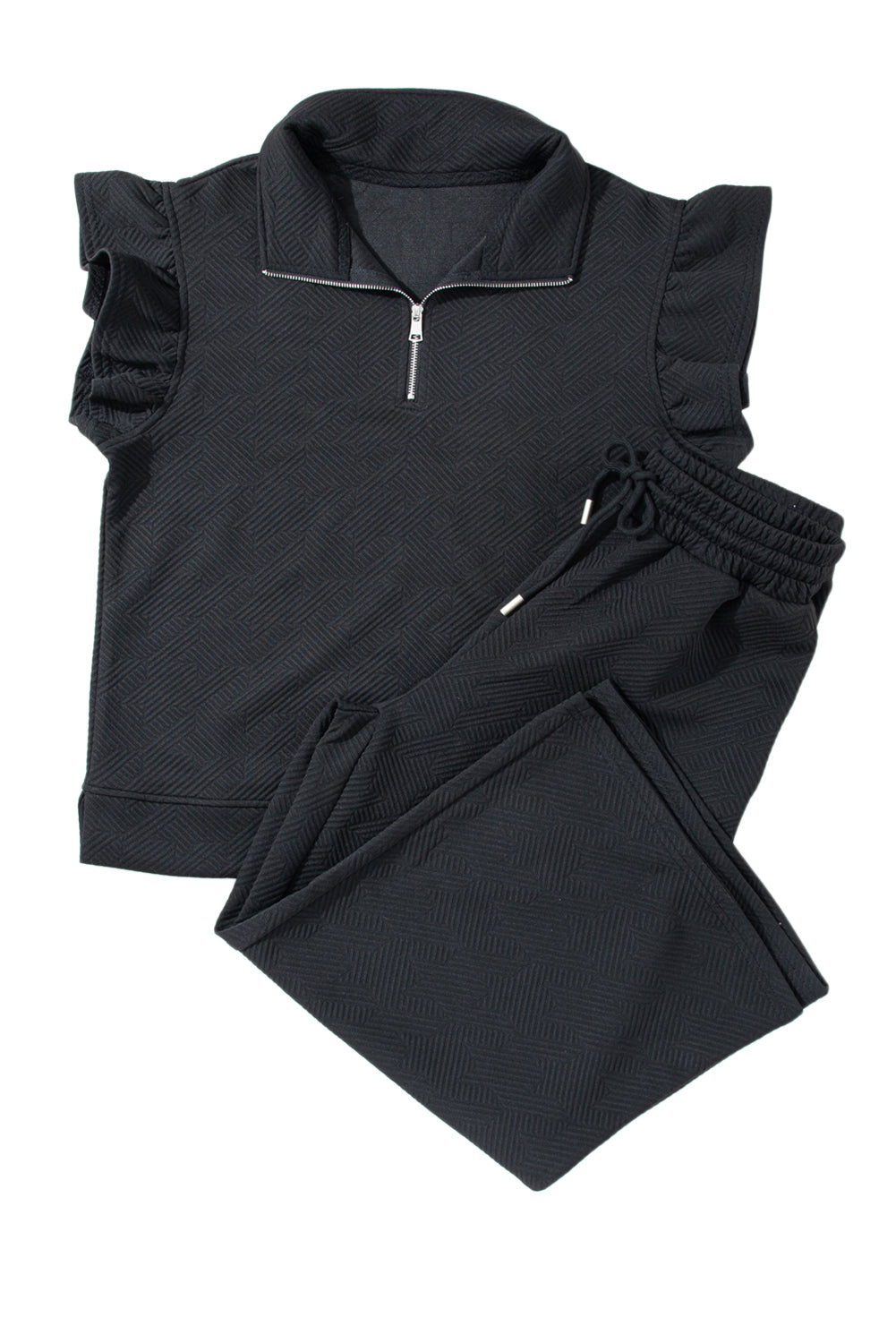Schwarzes Set mit strukturiertem Rüschenoberteil mit Flügelärmeln und Hose mit weitem Bein