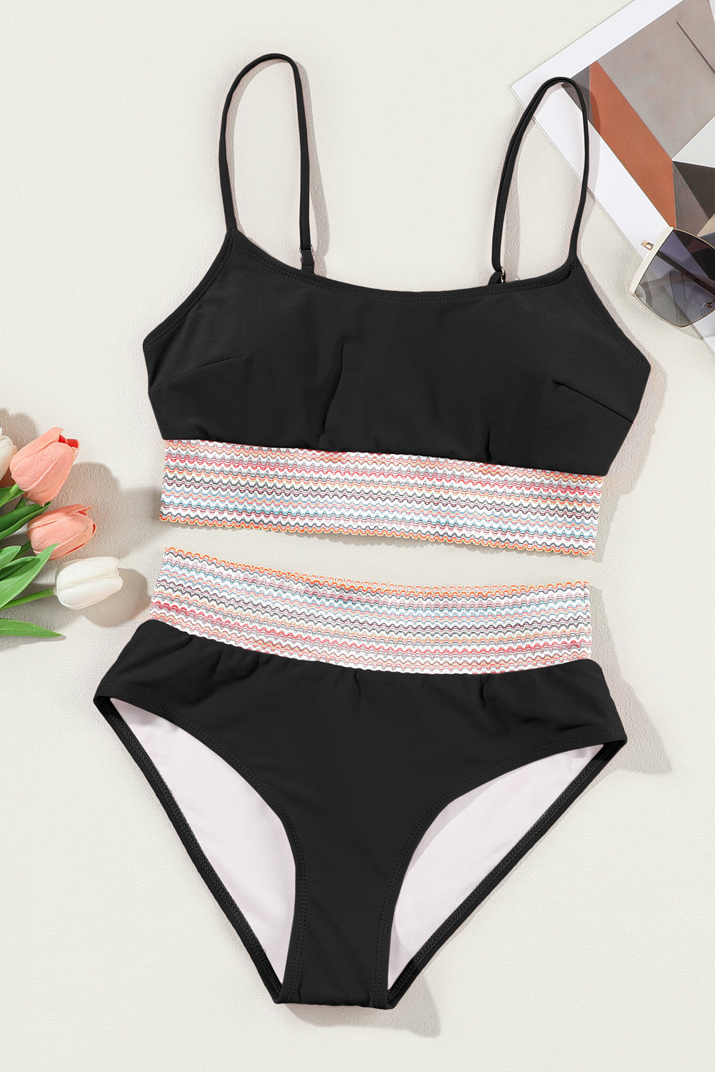 Bikini-Set mit Spaghettiträgern und hoher Taille und Patchwork-Muster in Rosa