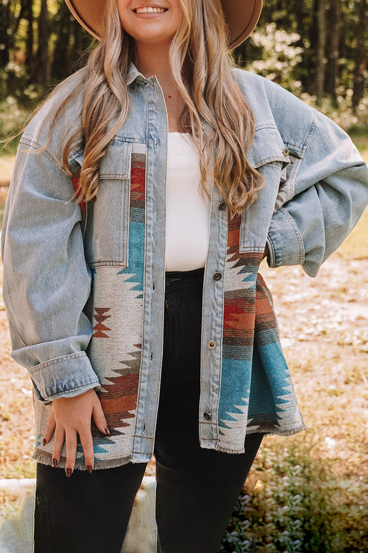 Sky Blue Plus Size Denim Geometric Print Jacket