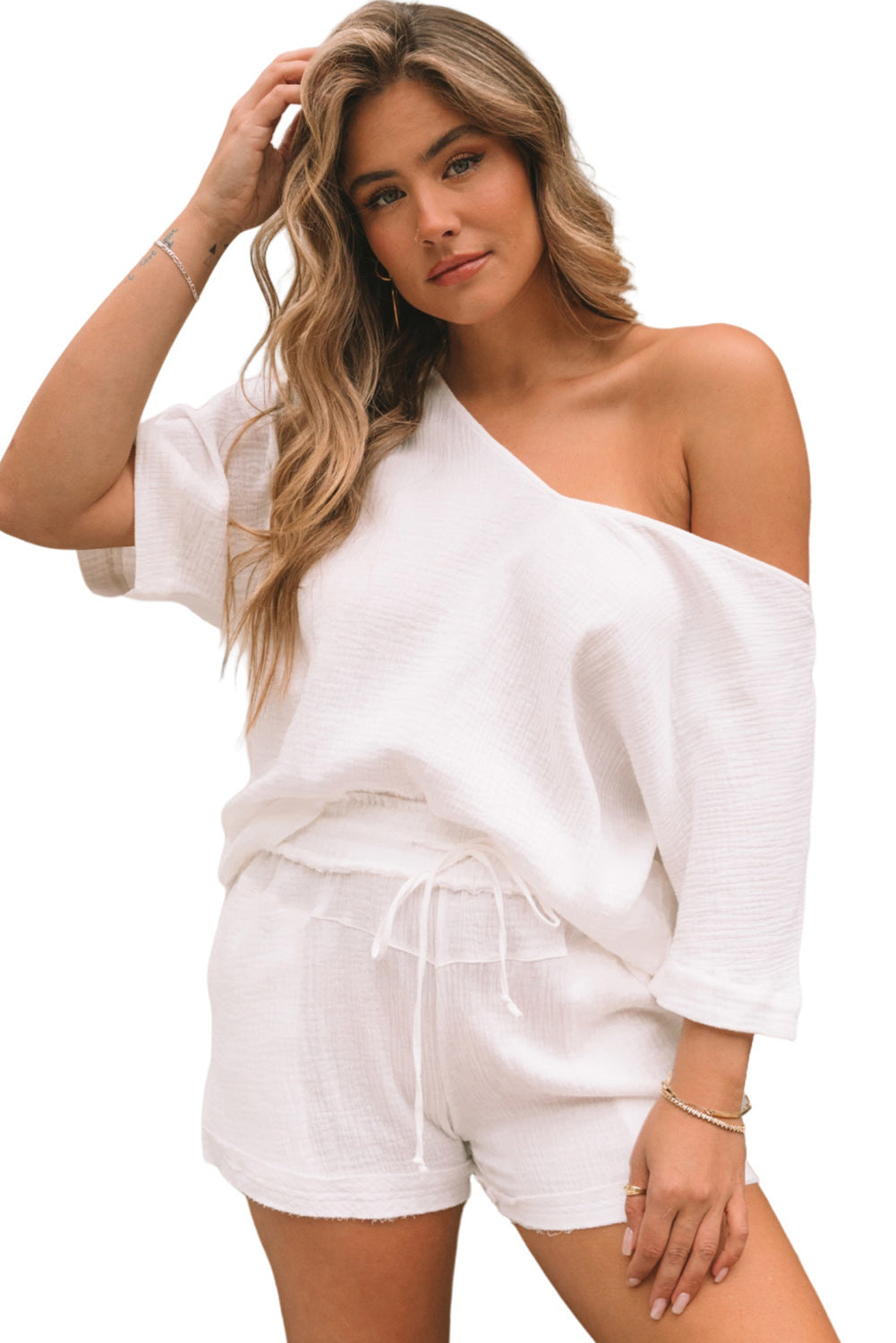 White Loose V Neck Blouse & Drawstring Raw Hem Shorts Set