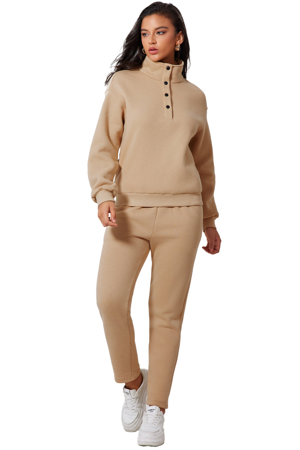 Parchment Solid Half Button Sweatshirt and High Waist Pants Set