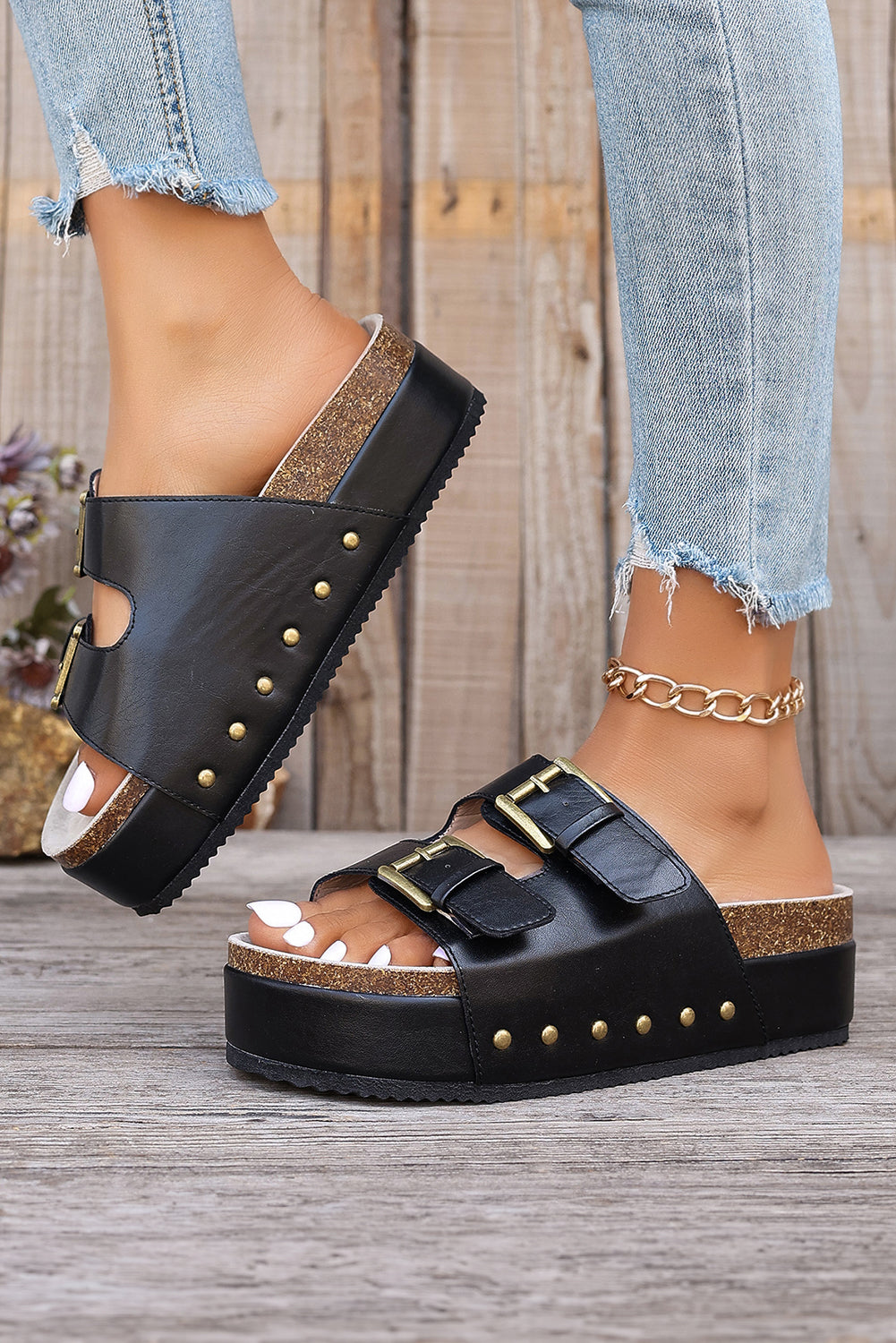 Chestnut Dual Buckle Studded Vintage Platform Slides Shoes