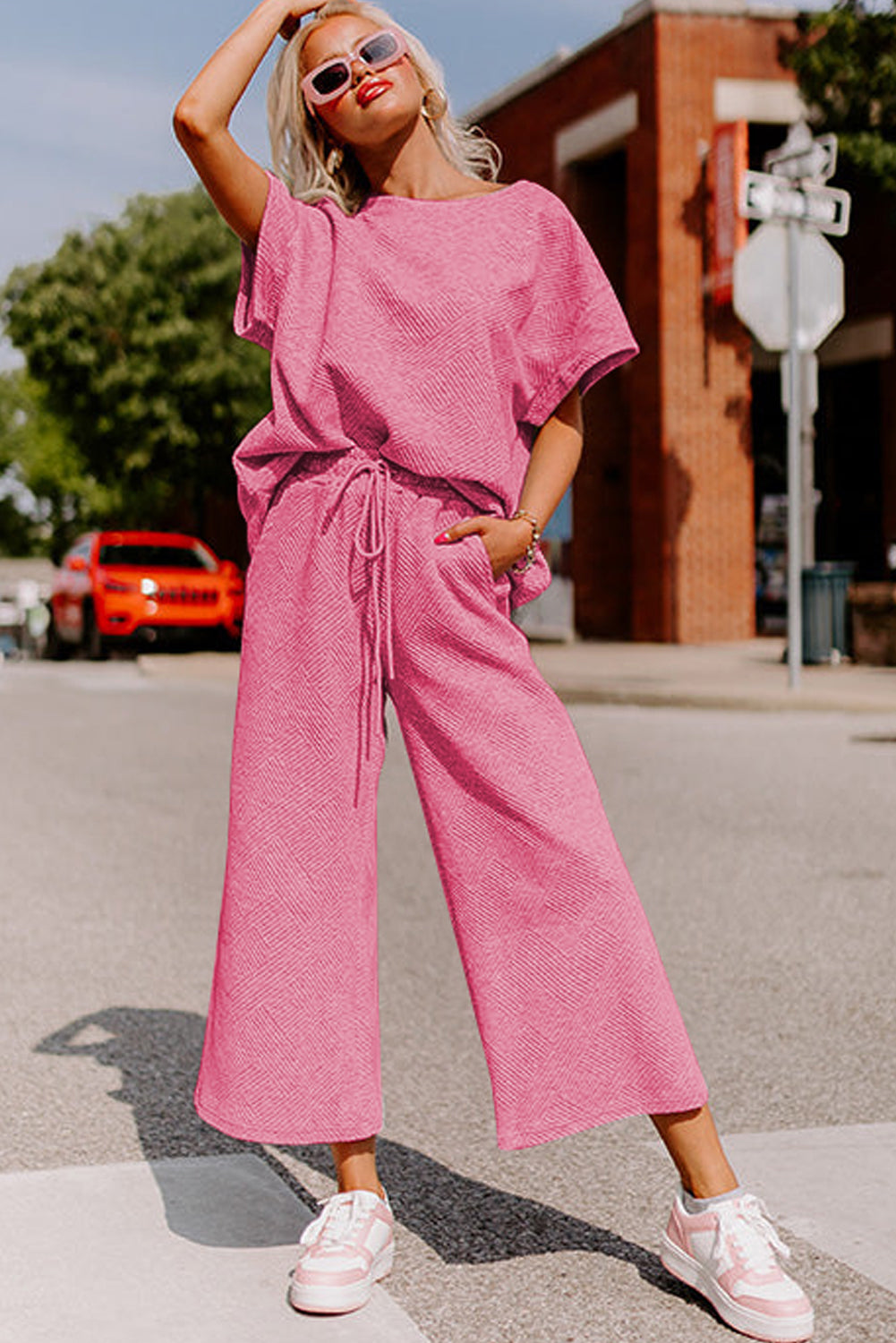 Black Textured Loose Fit T Shirt and Drawstring Pants Set