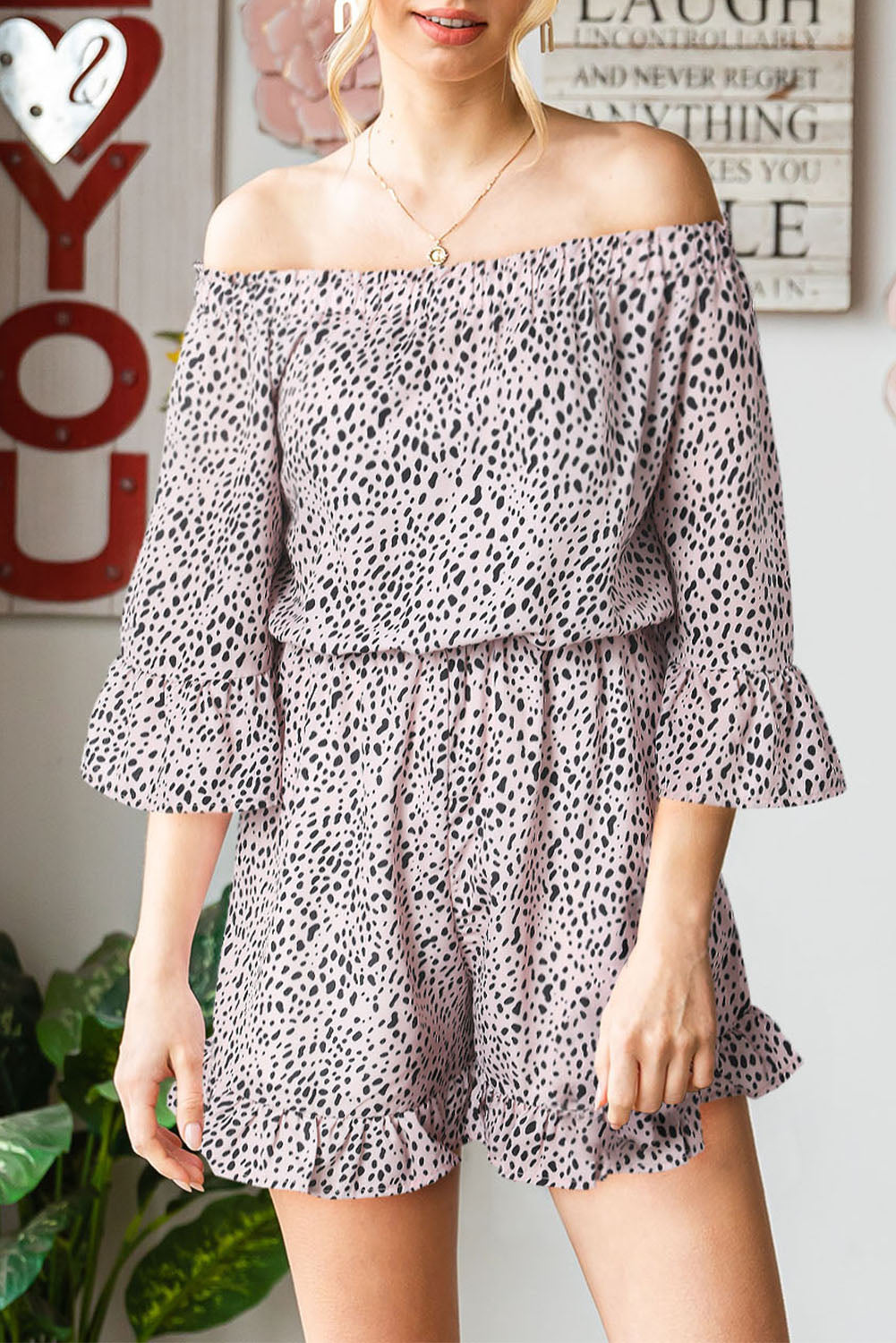 Cheetah Leopard Print Ruffle Off Shoulder Romper