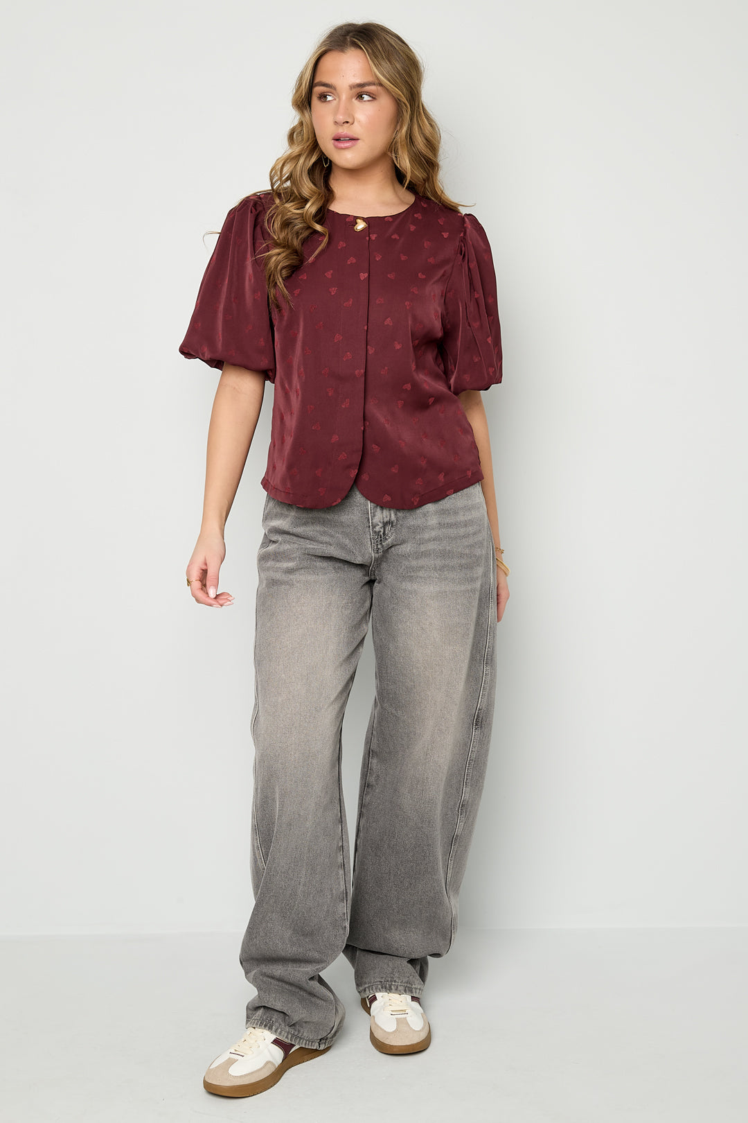 Elegant Off-White & Crimson Heart Woven Top for Spring/Summer
