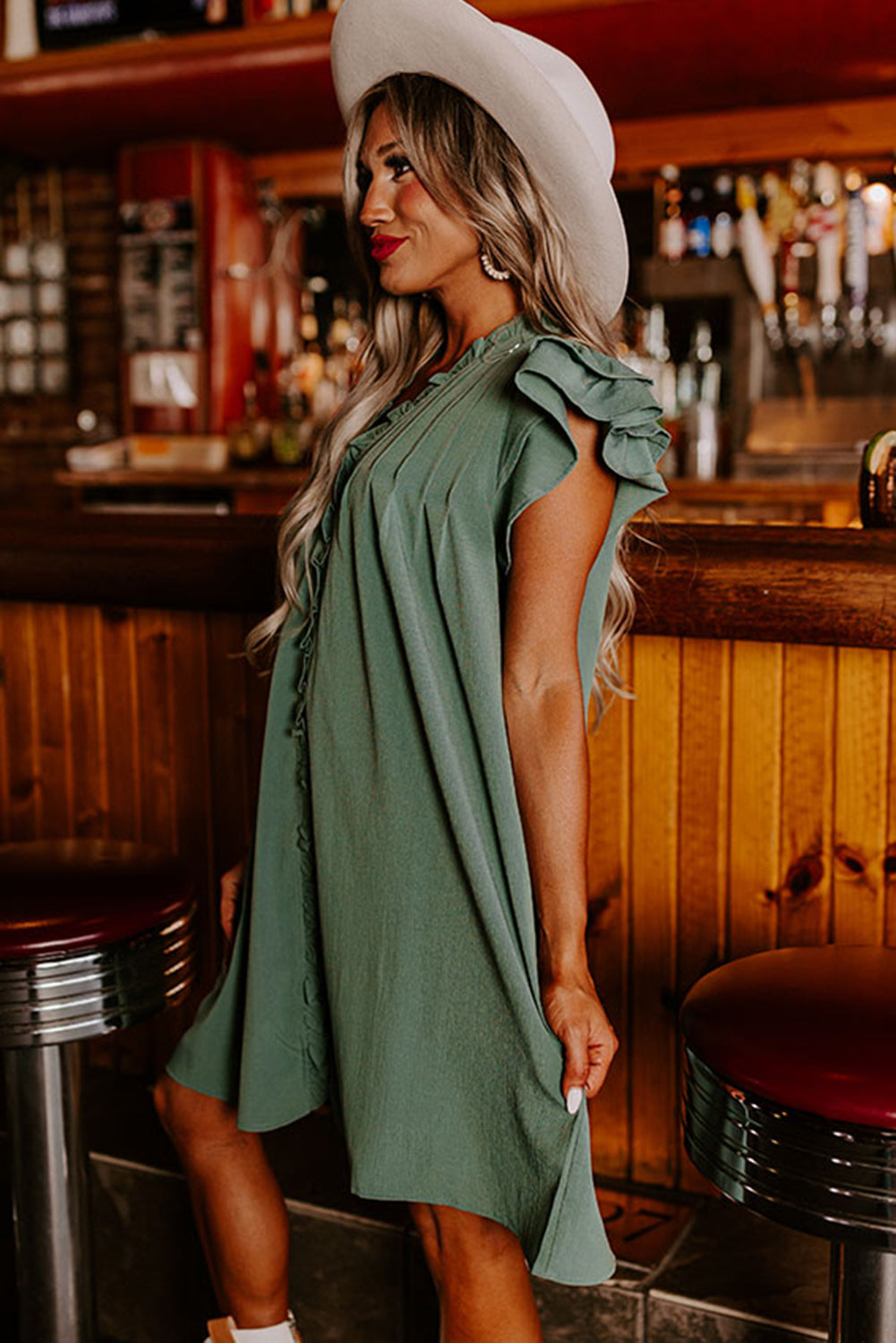 Mist Green Ruffle Trim Sleeve V Neck Pocketed Mini Dress