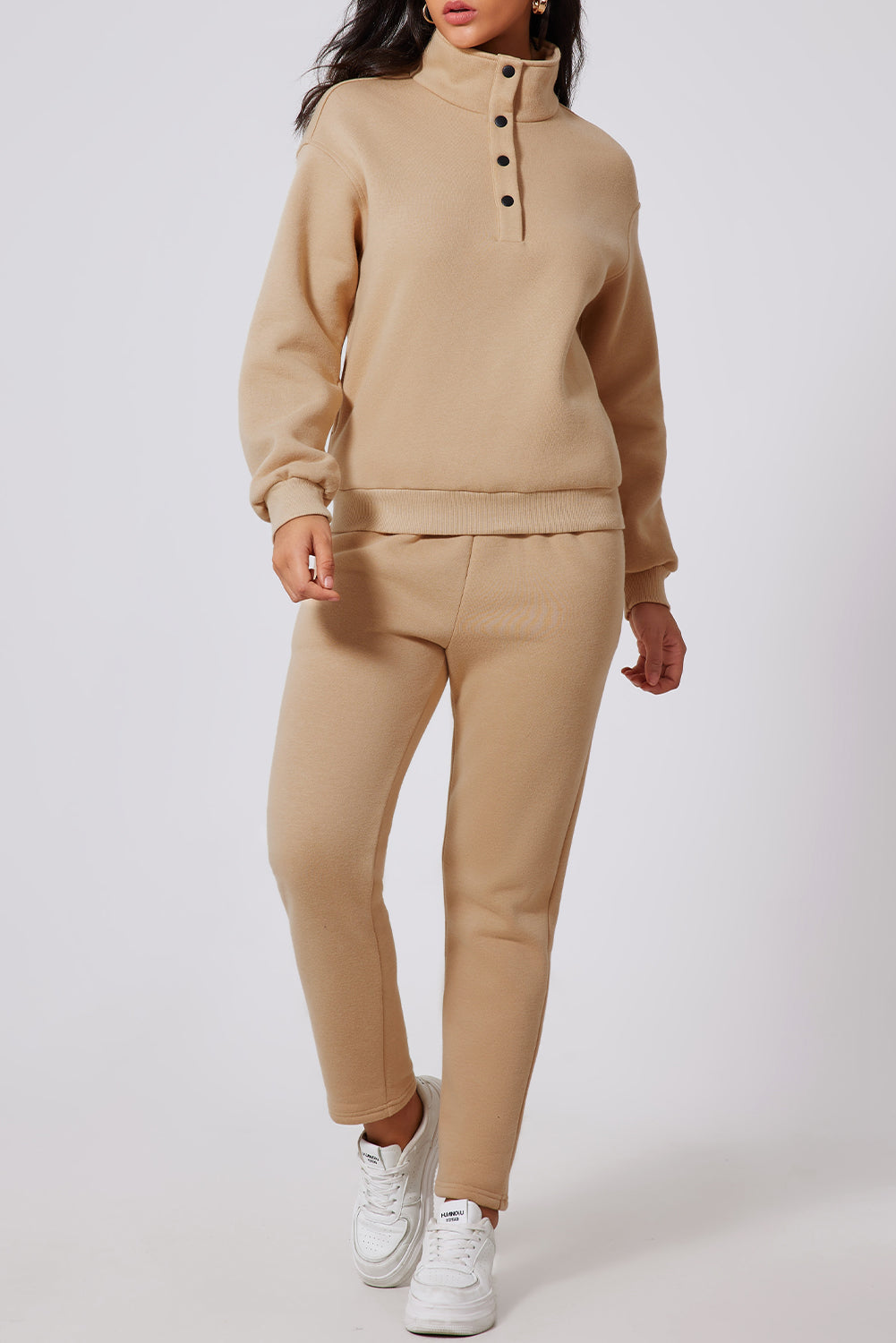 Parchment Solid Half Button Sweatshirt and High Waist Pants Set