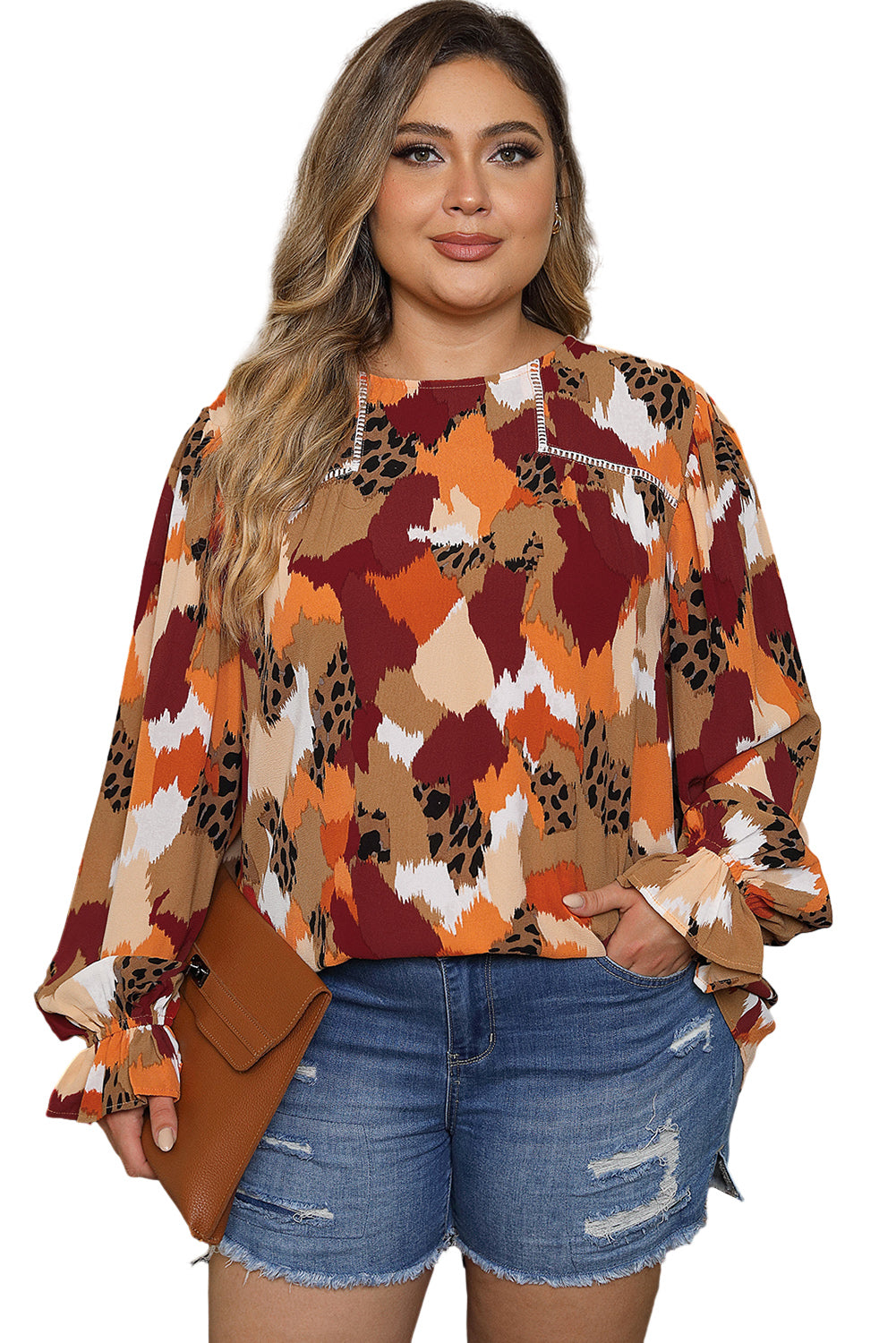 Multicolour Plus Size Abstract Print Puff Sleeve Blouse