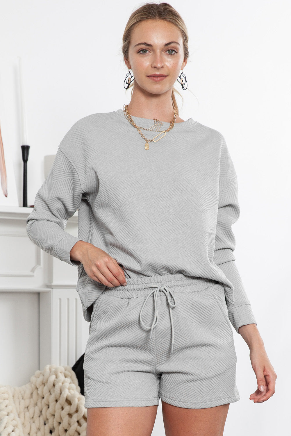 Gray Textured Long Sleeve Top & Drawstring Shorts Set