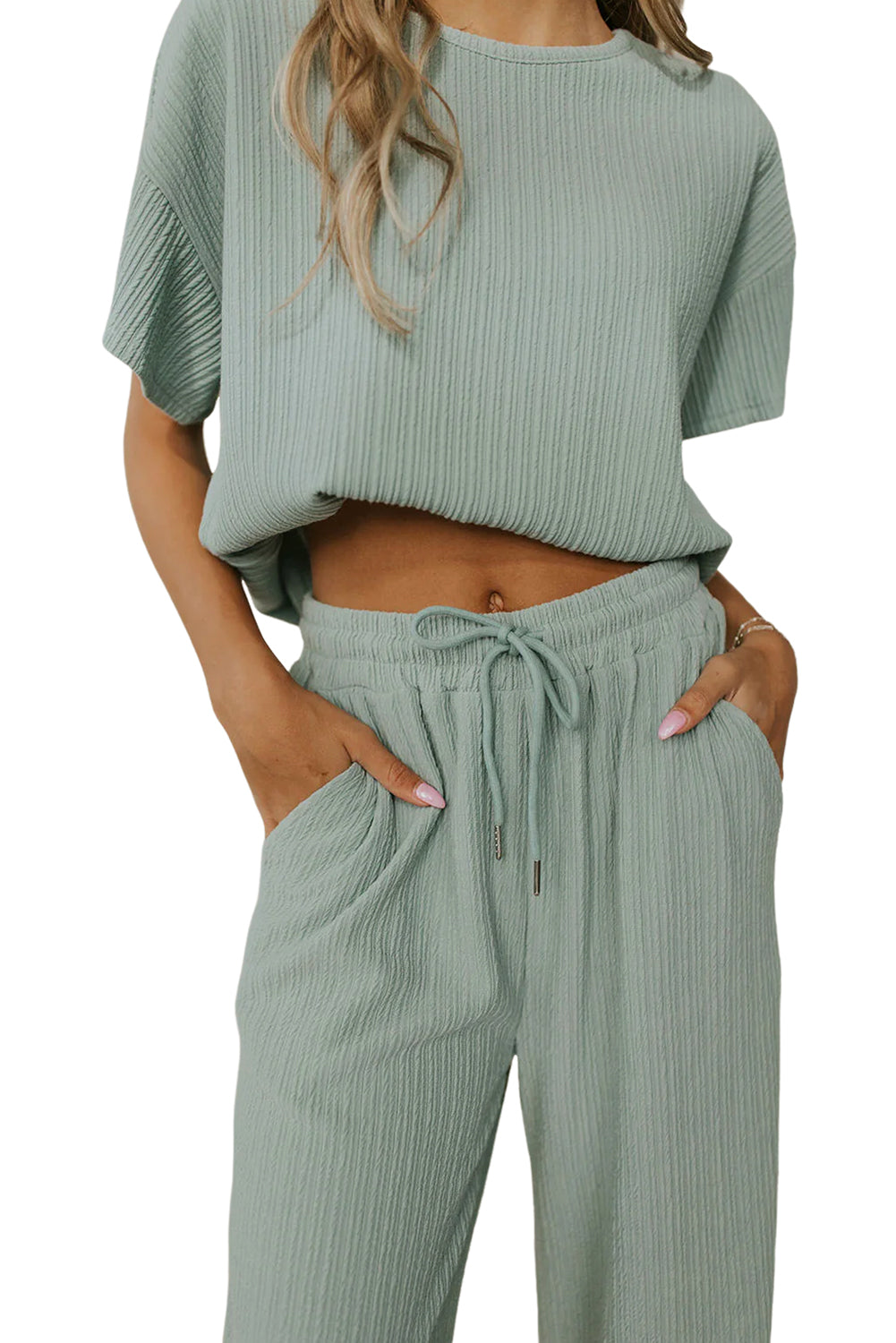 Moonlight Jade Textured Drop Sleeve Tee and Drawstring Pants Set