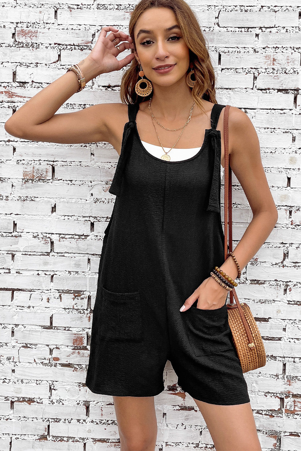 Blue Shoulder Strap Pocket Textured Romper