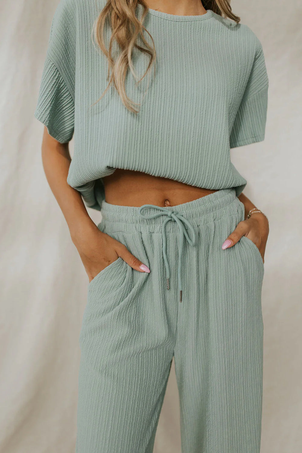 Moonlight Jade Textured Drop Sleeve Tee and Drawstring Pants Set