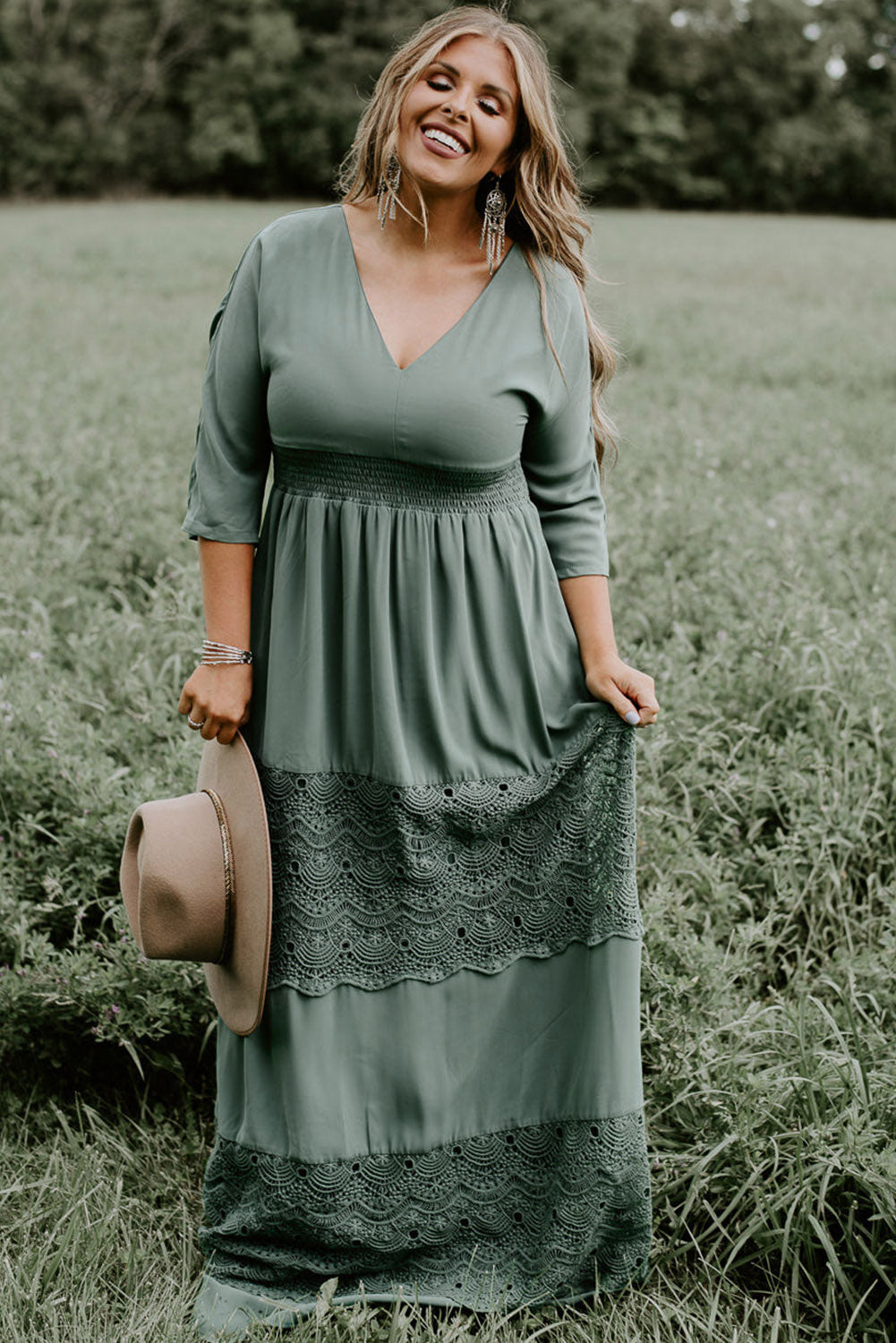 Mist Green Plus Size 3/4 Sleeve Smocked Lace Decor Maxi Dress