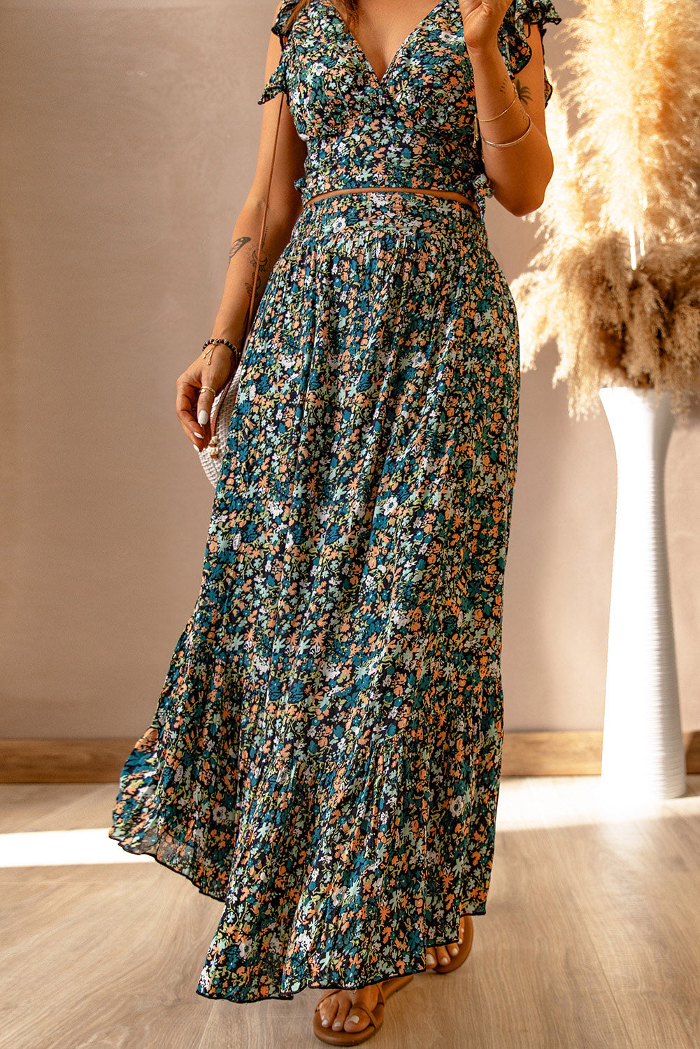 Ditsy Floral Print Ruffled Crop Top & Flounce Hem Maxi Skirt Set