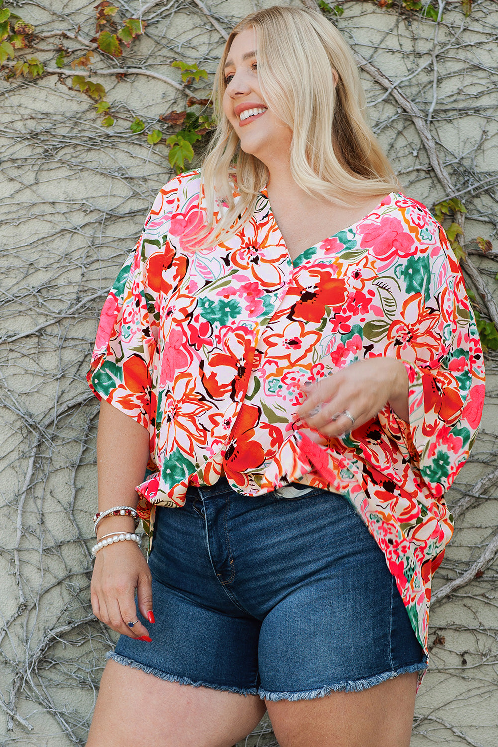 Rose Plus Size Floral Print Boho Kimono Sleeve Shirt