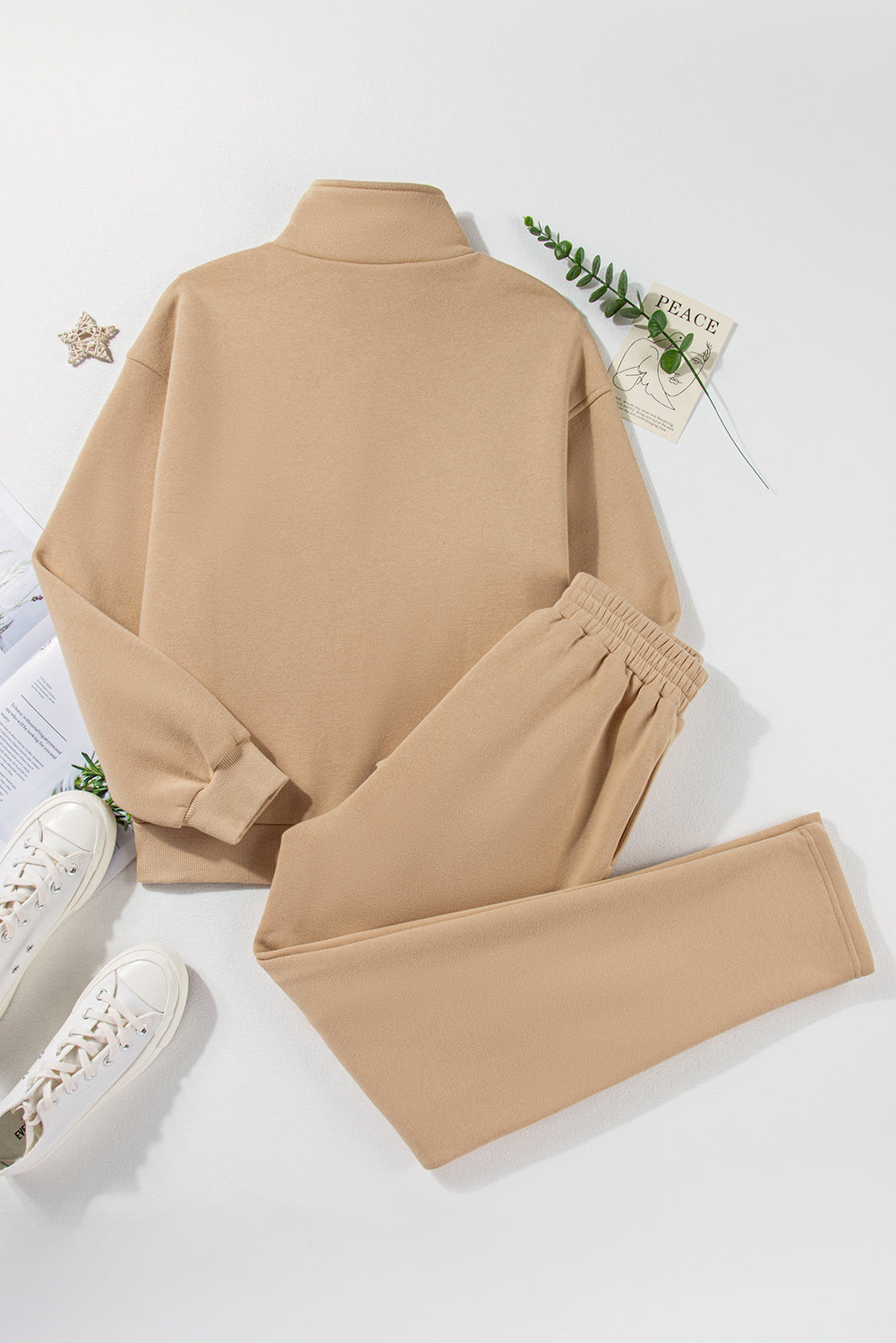 Parchment Solid Half Button Sweatshirt and High Waist Pants Set