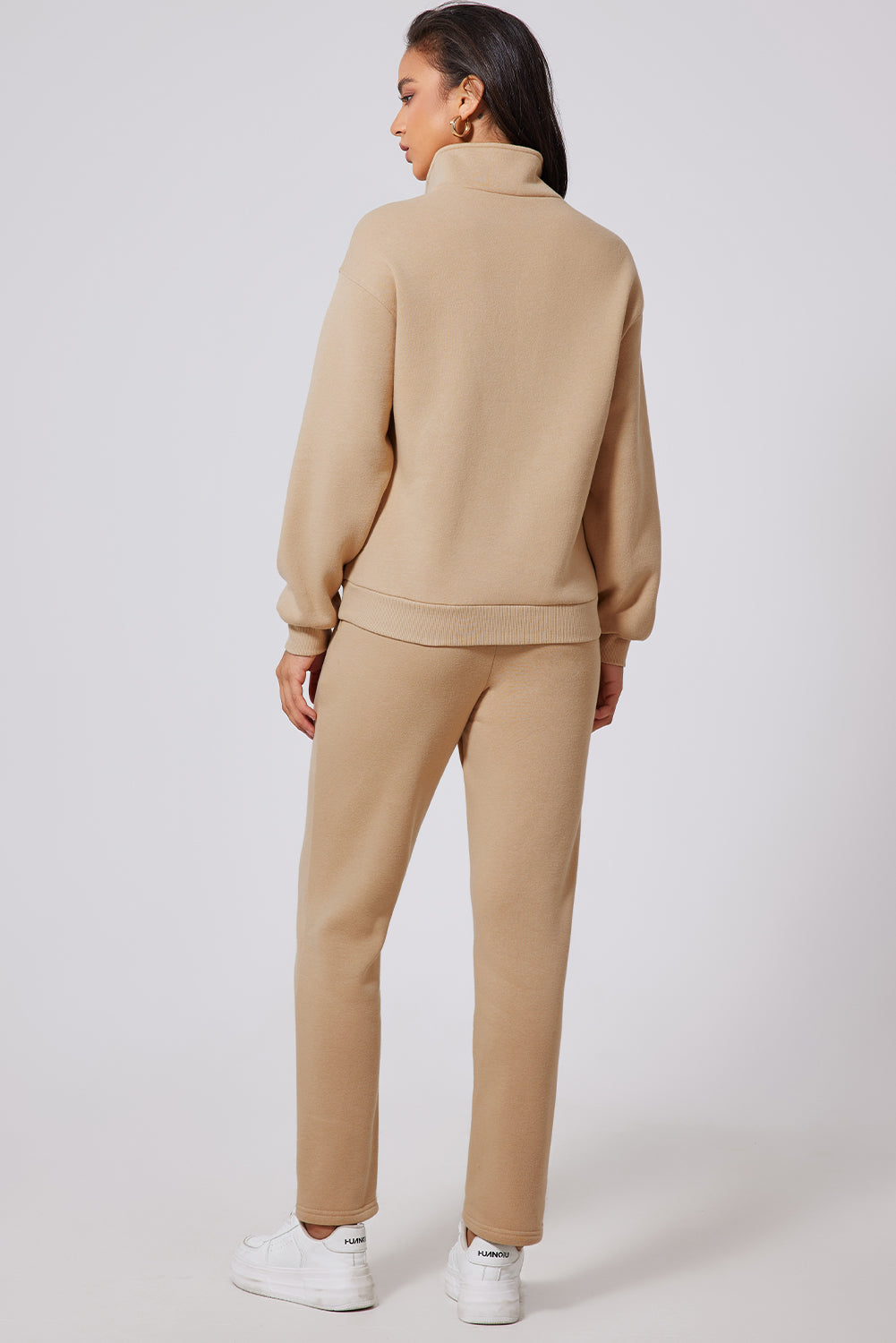 Parchment Solid Half Button Sweatshirt and High Waist Pants Set