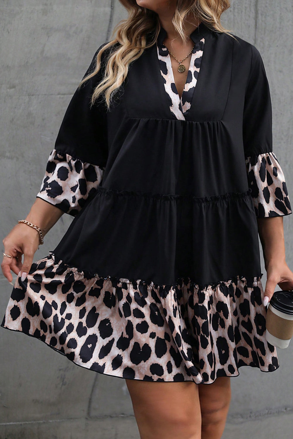 Black Leopard Patchwork Split Neck Ruffle Plus Size Dress