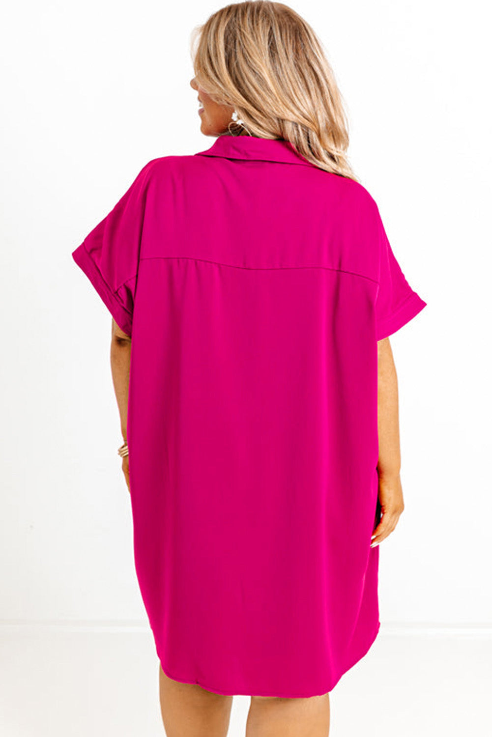 Bright Pink Collared V Neck Short Sleeve Plus Size Dress