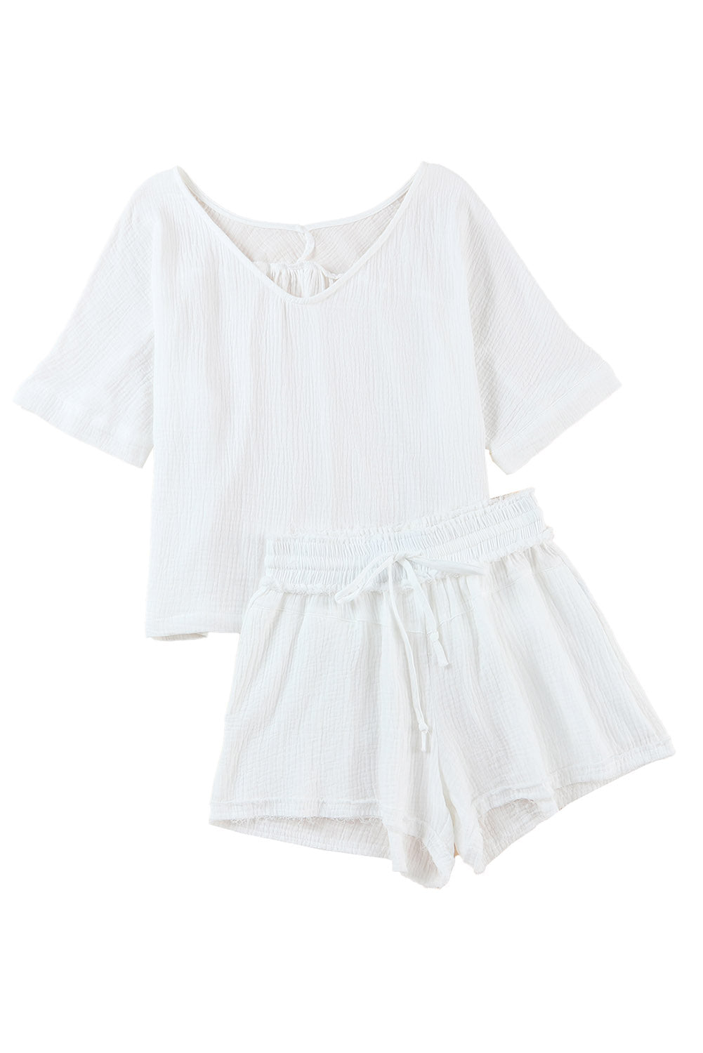 White Loose V Neck Blouse & Drawstring Raw Hem Shorts Set