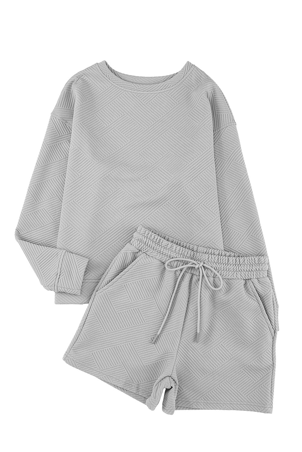 Gray Textured Long Sleeve Top & Drawstring Shorts Set