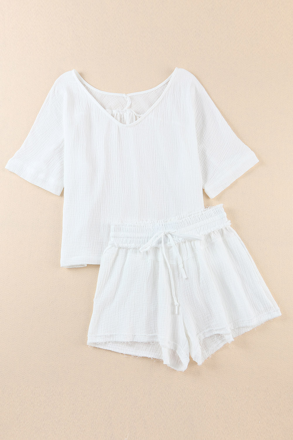 White Loose V Neck Blouse & Drawstring Raw Hem Shorts Set