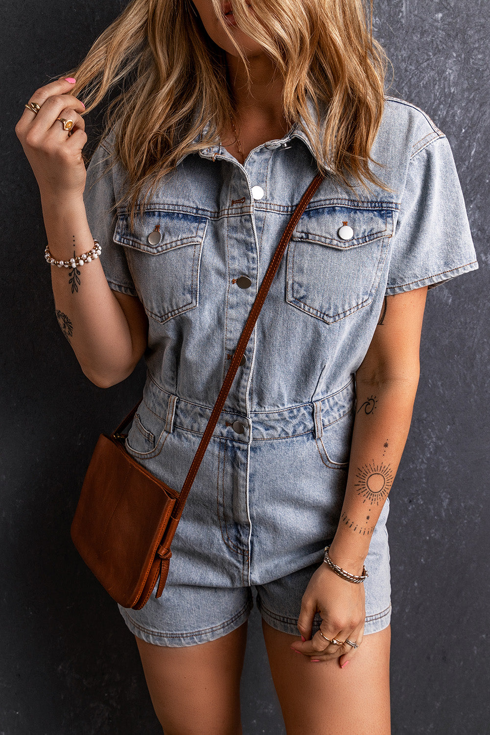 Light Blue Button Pocketed Vintage Washed Denim Romper