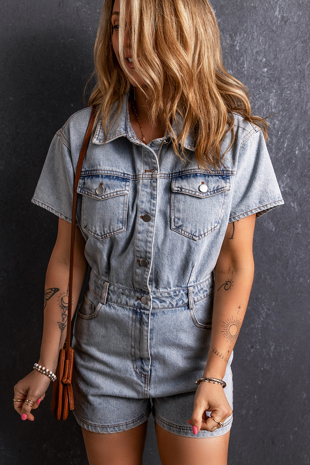 Light Blue Button Pocketed Vintage Washed Denim Romper