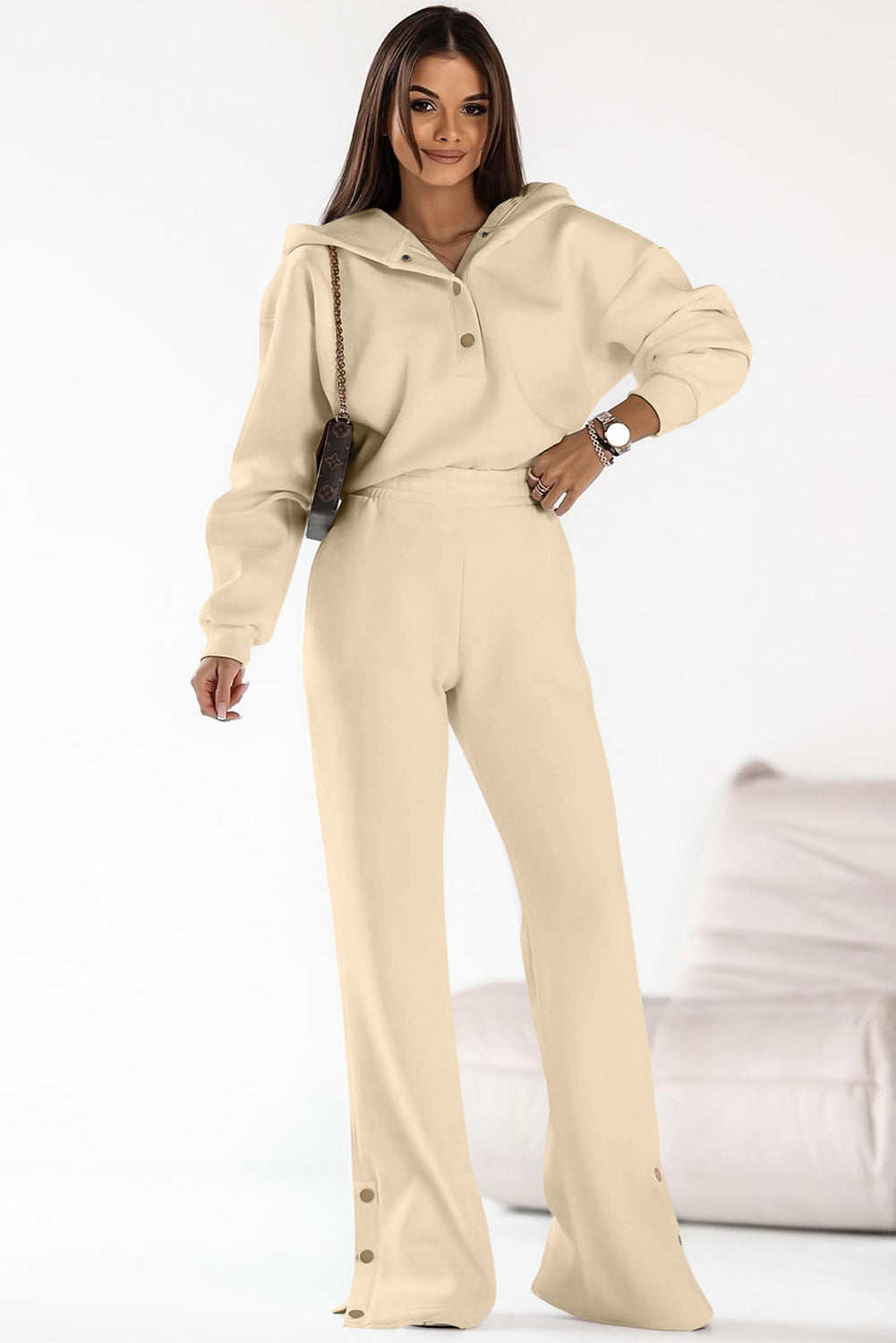 Parchment Plain Hoodie and High Waist Two Piece Pants Set