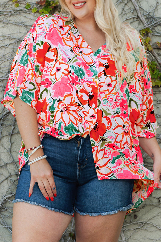 Rose Plus Size Floral Print Boho Kimono Sleeve Shirt