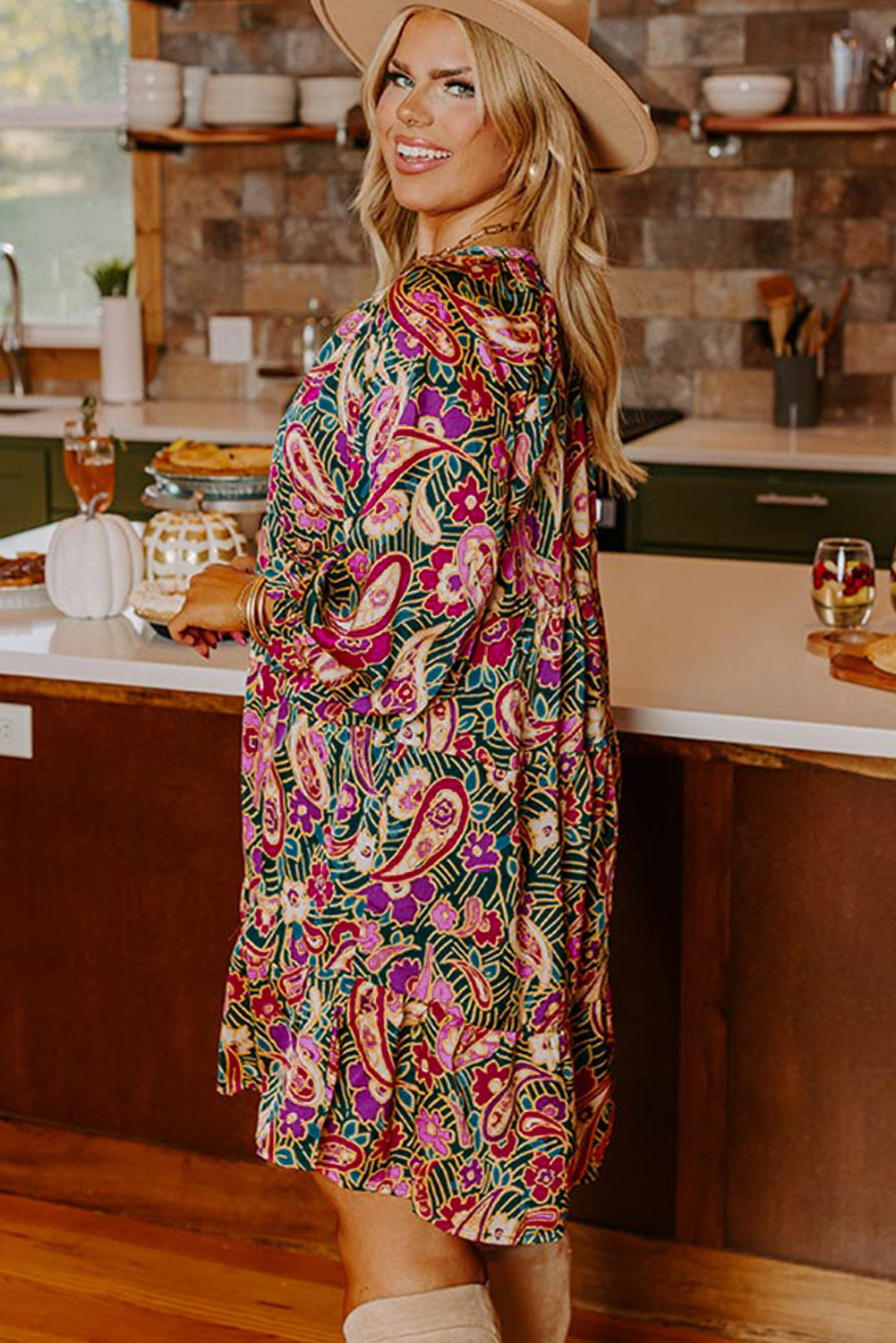 Green Paisley Floral Print Ruffled Hem Plus Size Dress