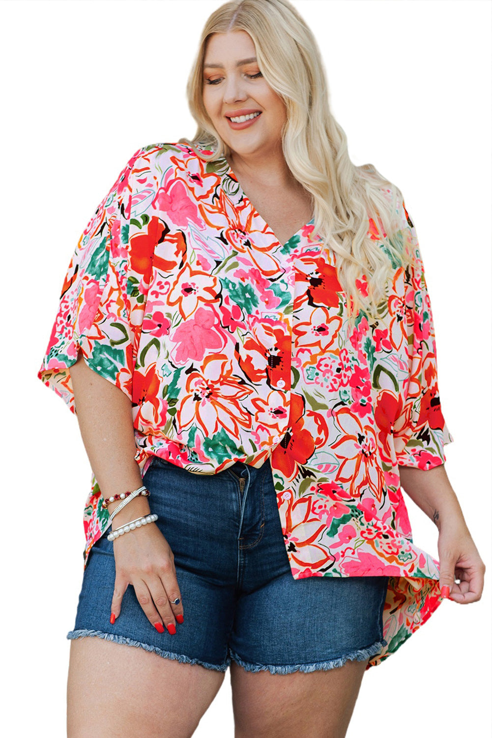 Rose Plus Size Floral Print Boho Kimono Sleeve Shirt