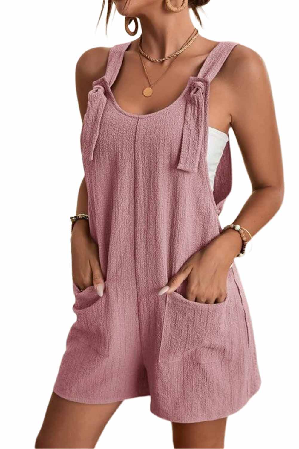 Blue Shoulder Strap Pocket Textured Romper