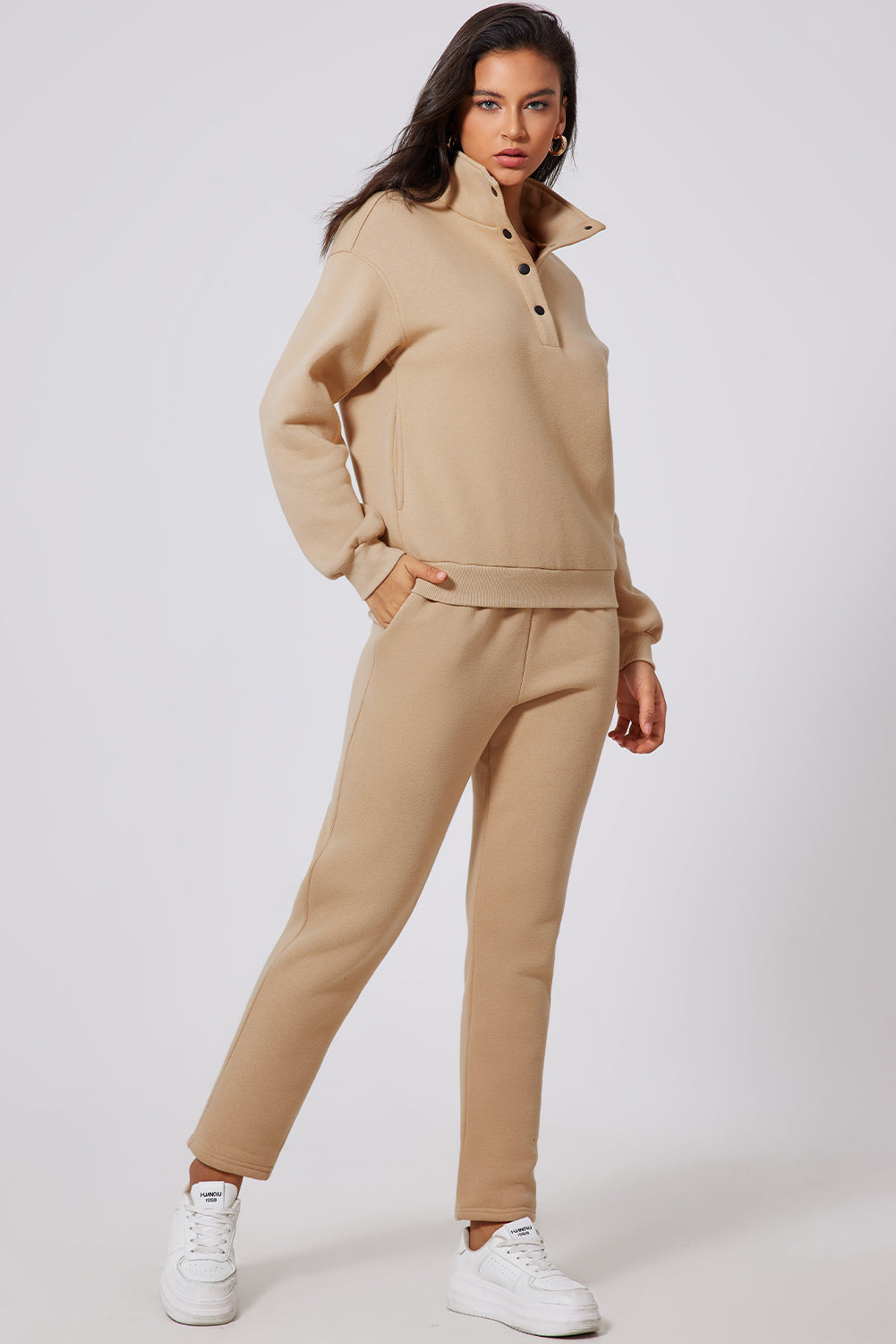 Parchment Solid Half Button Sweatshirt and High Waist Pants Set