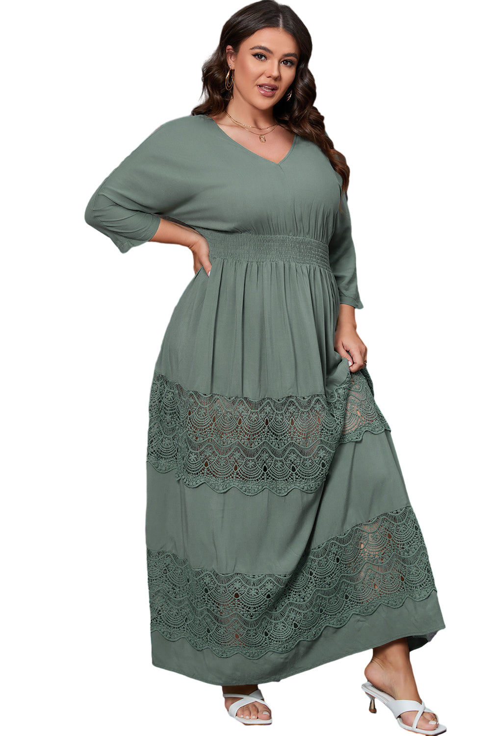 Mist Green Plus Size 3/4 Sleeve Smocked Lace Decor Maxi Dress