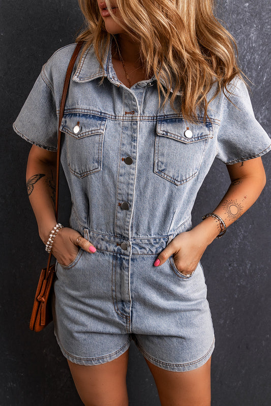 Light Blue Button Pocketed Vintage Washed Denim Romper