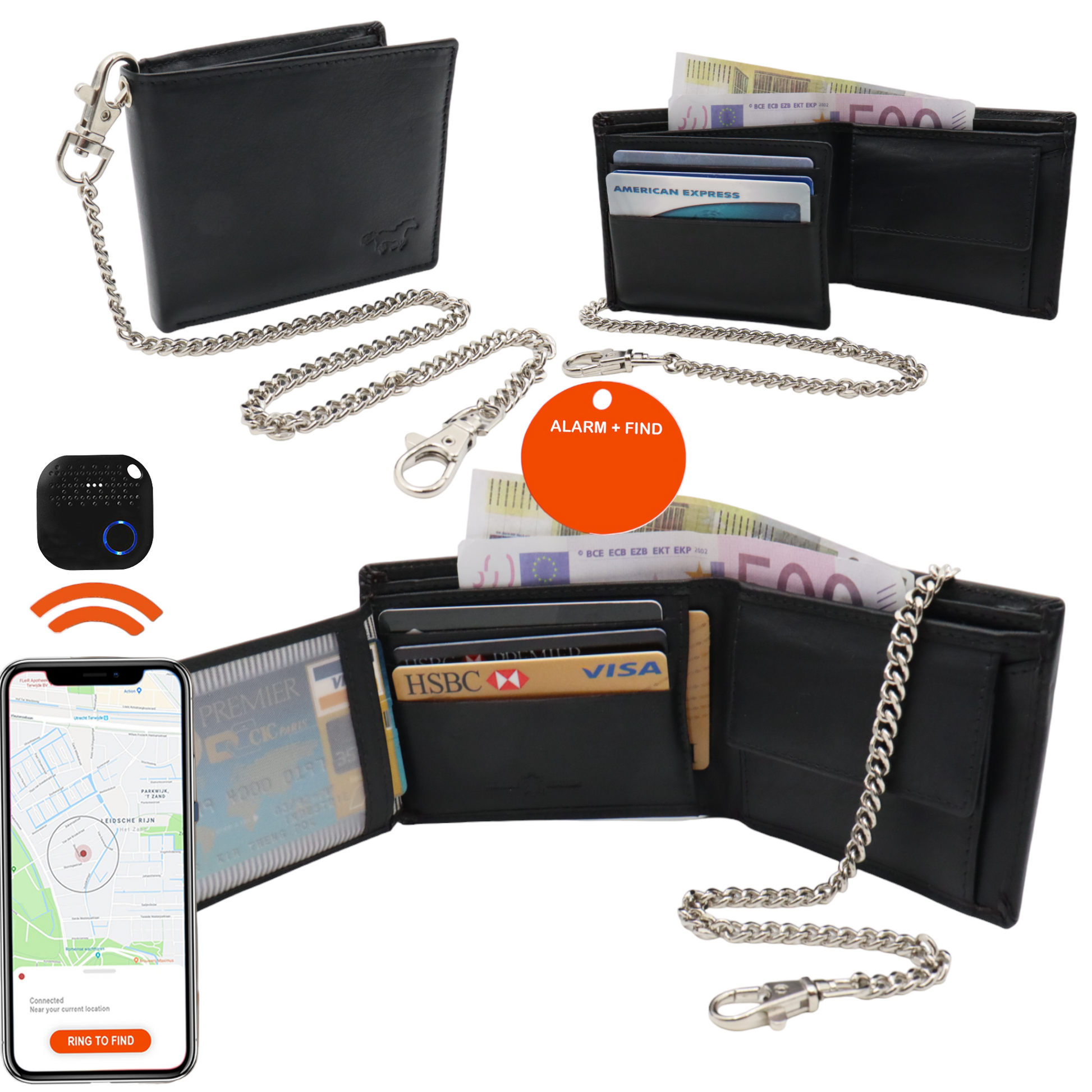 Compacte Portemonnee Mannen Met Tracker  - Portefeuille Met Ketting - Bluetooth Tracker En Ketting